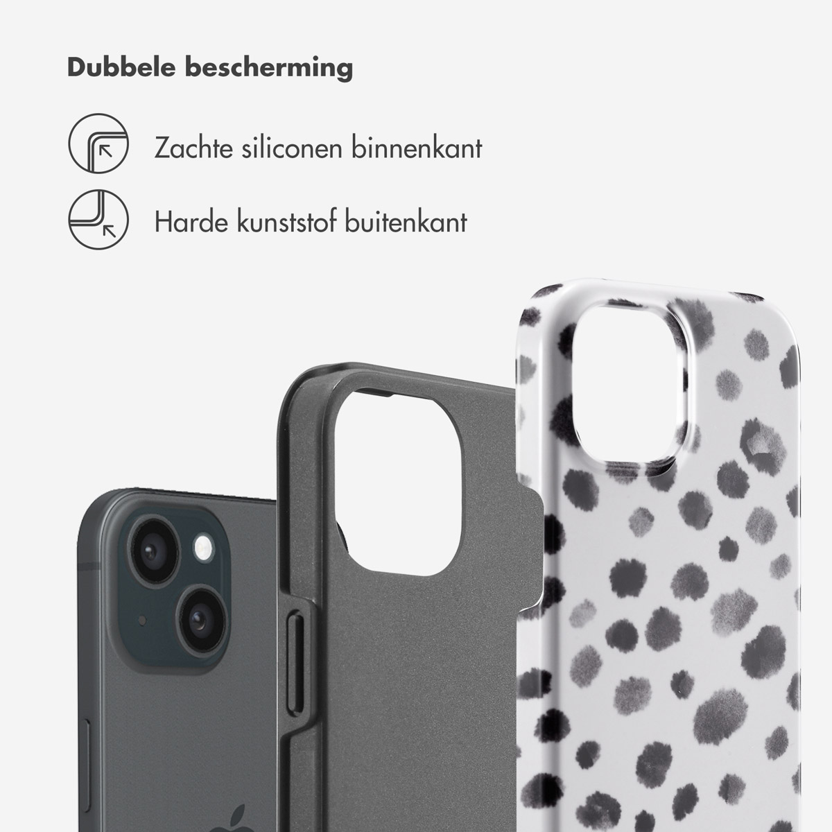 Coque de téléphone avec différentes couches. Texte : Intérieur en silicone souple, Extérieur en plastique dur.