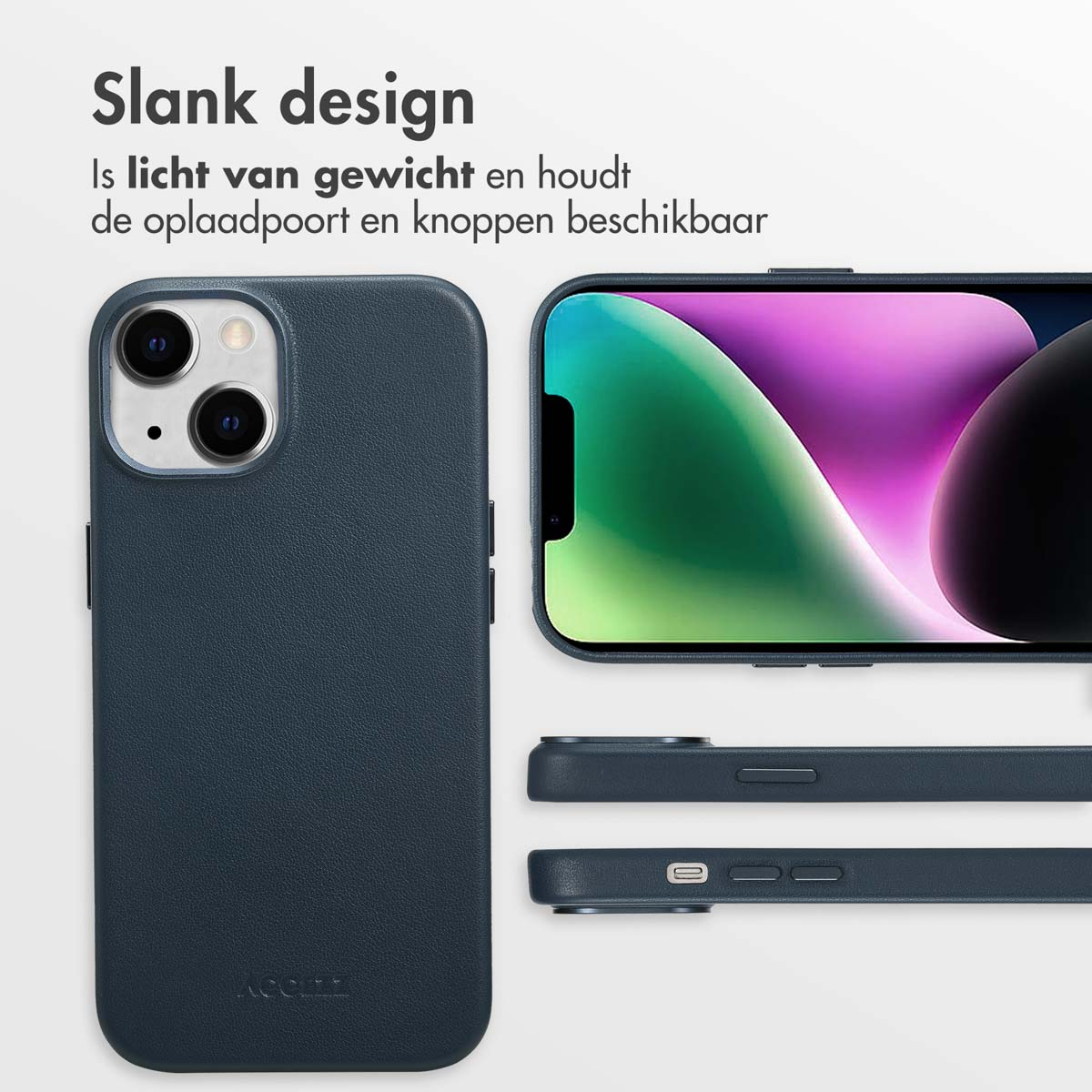 Donkerblauwe telefoonhoes met een telefoon rechts. Tekst: Slank design. Is licht van gewicht en houdt de oplaadpoort en knoppen beschikbaar.