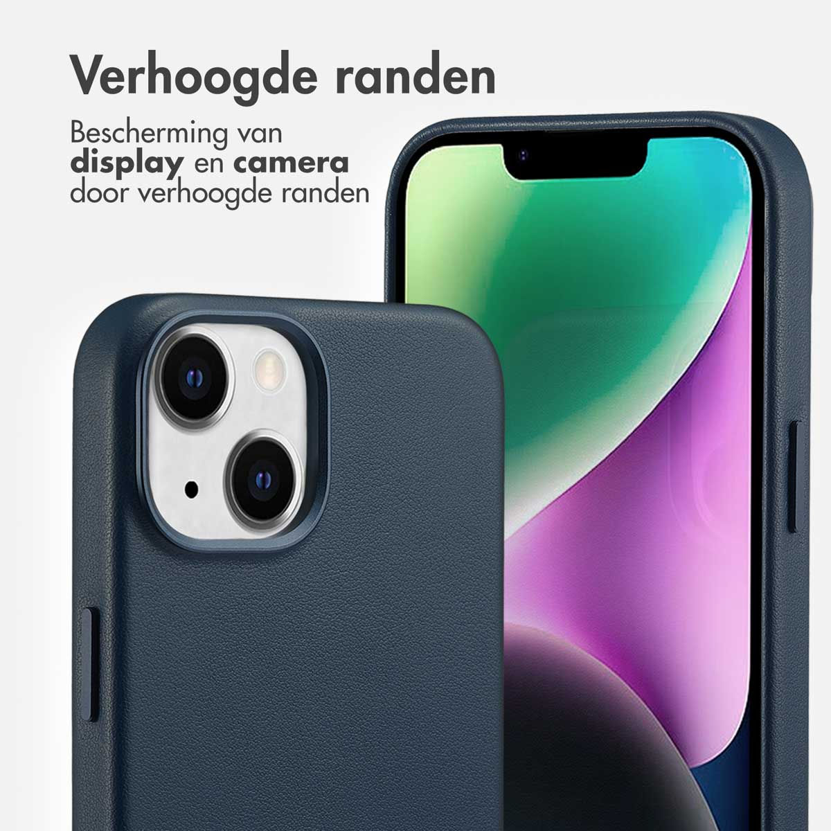 Close-up van een blauwe telefoonhoes die een telefoon beschermt.