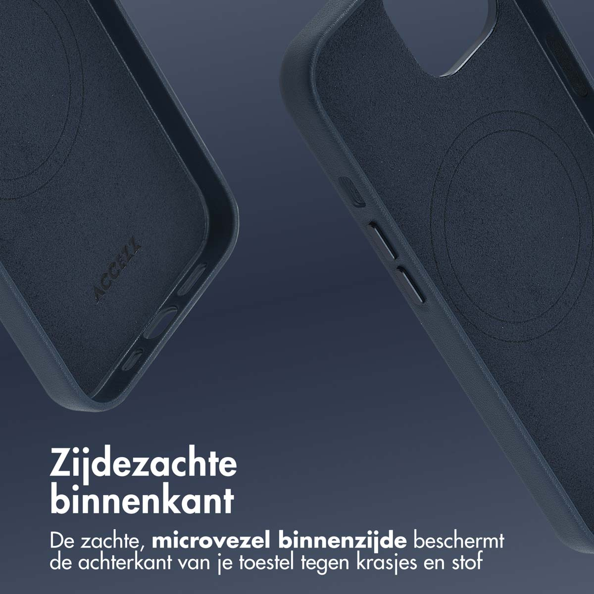 Donkerblauwe telefoonhoes, binnenkant. Tekst: Zachte microvezel beschermt tegen krassen.