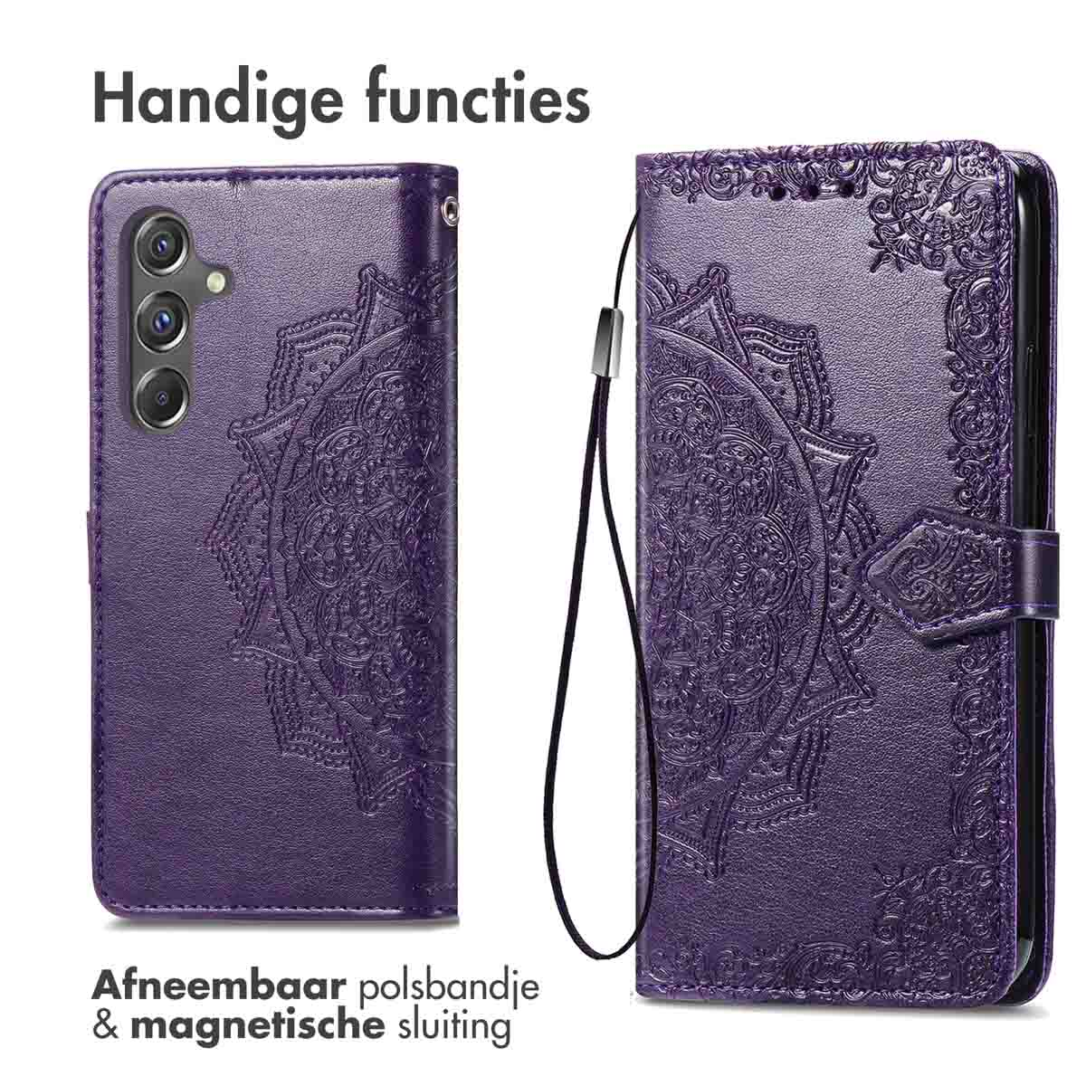 Paarse telefoonhoes met mandala-design. Afneembare polsband en magnetische sluiting. Open hoesje.
