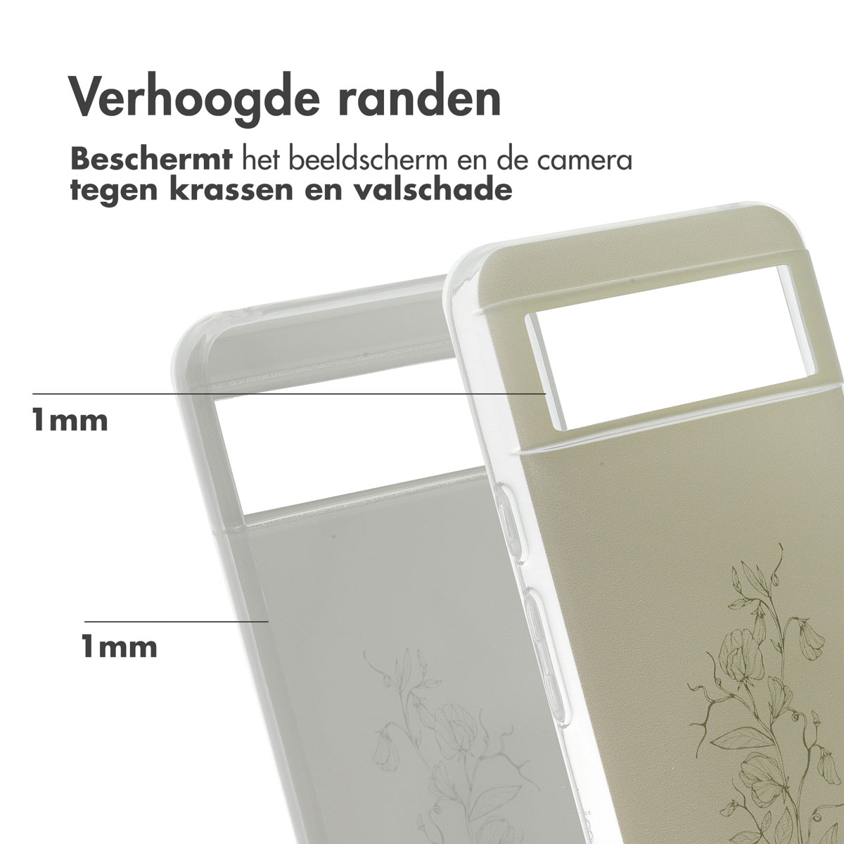 Transparente Handyhülle mit floralem Design. Der Bildschirm ist sichtbar. Weißer Hintergrund.