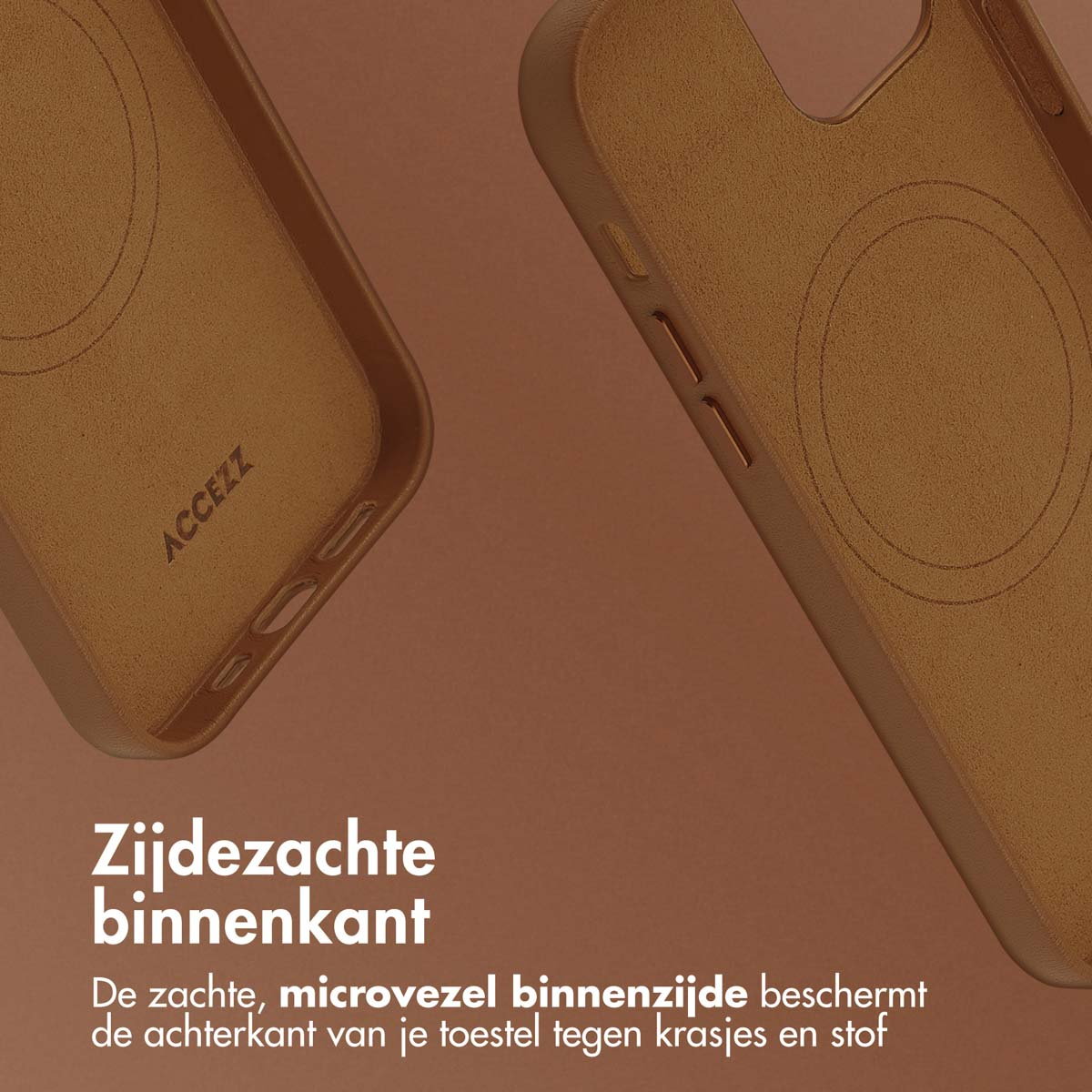 Bruin telefoonhoesje binnenkant met zachte voering, toont de achterkant.