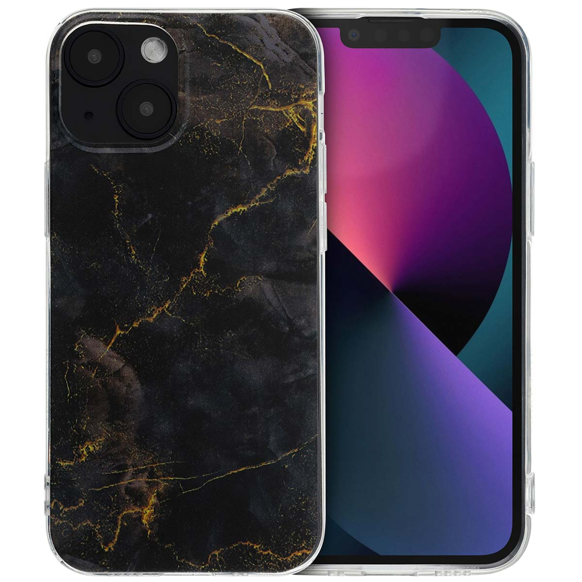 Coque de téléphone noire avec un motif marbré et un téléphone à droite.