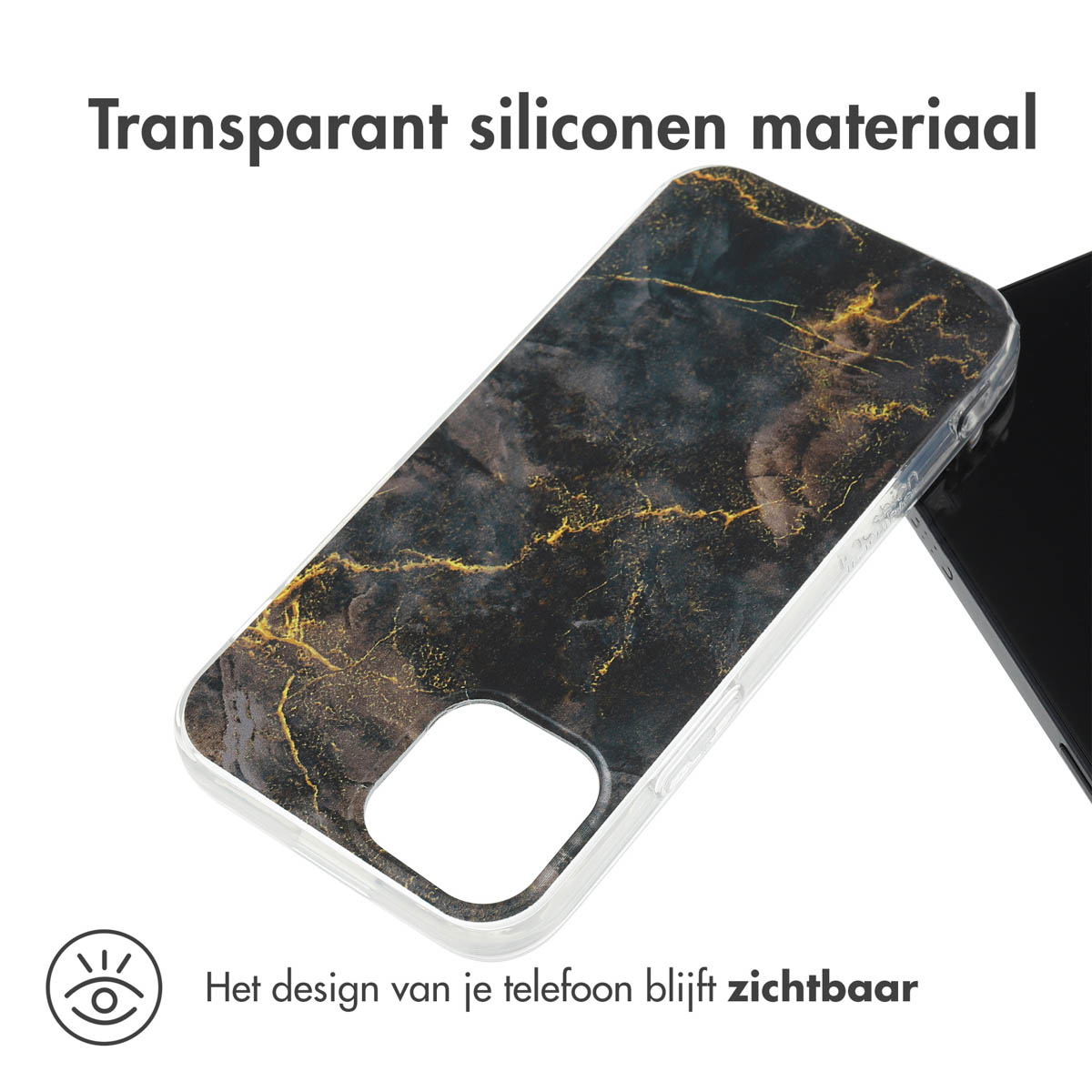 Coque de téléphone avec un motif marbre noir et or. La coque est transparente.