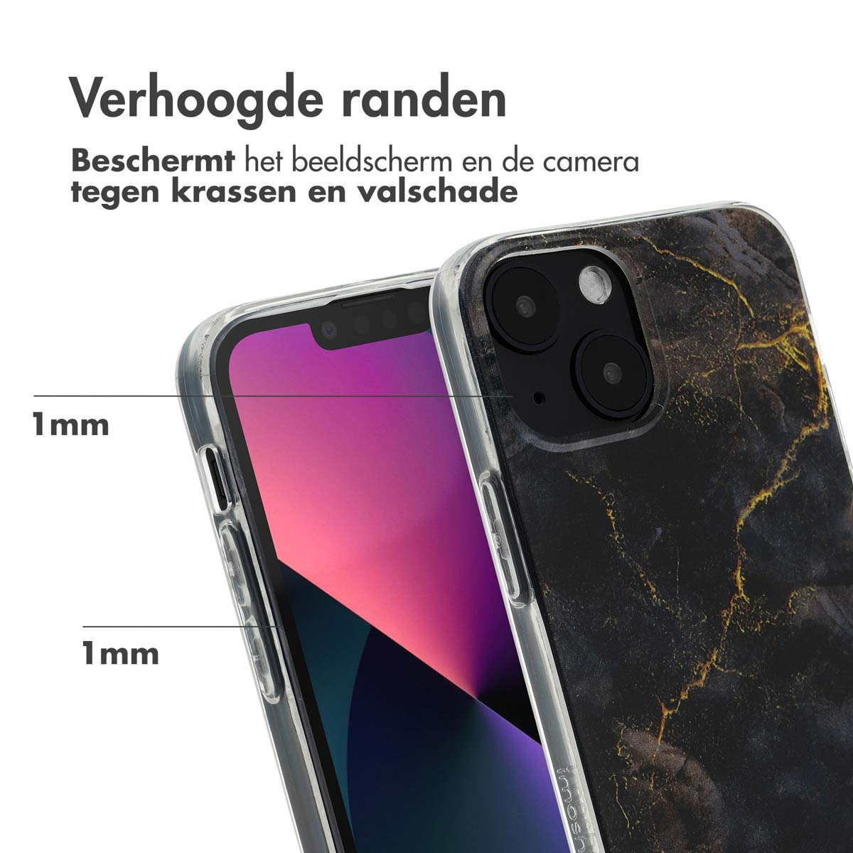 Coque avec un design en marbre noir. La coque a des bords surélevés pour protéger l'écran et l'appareil photo des rayures.
