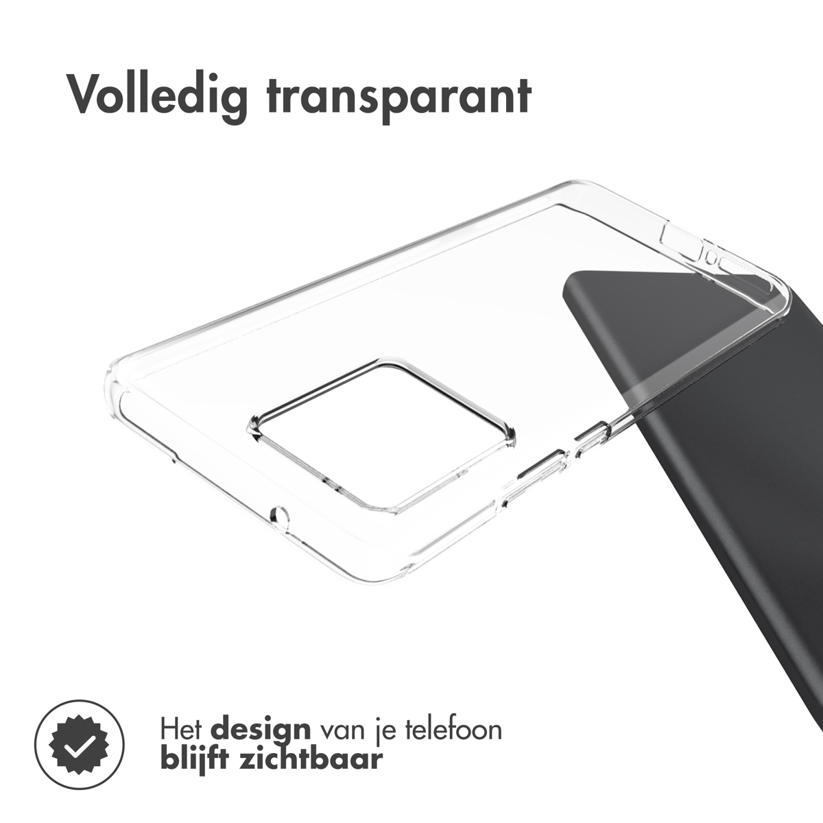 Custodia trasparente per telefono. Telefono all'interno, vista laterale della custodia. Custodia trasparente. Il design del telefono è visibile.