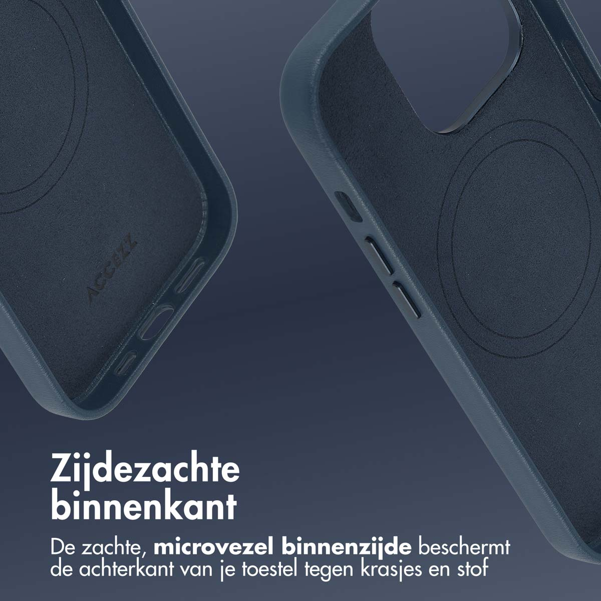 Close-up van een blauw telefoonhoesje. Toont een close-up van de binnenkant van de hoes.