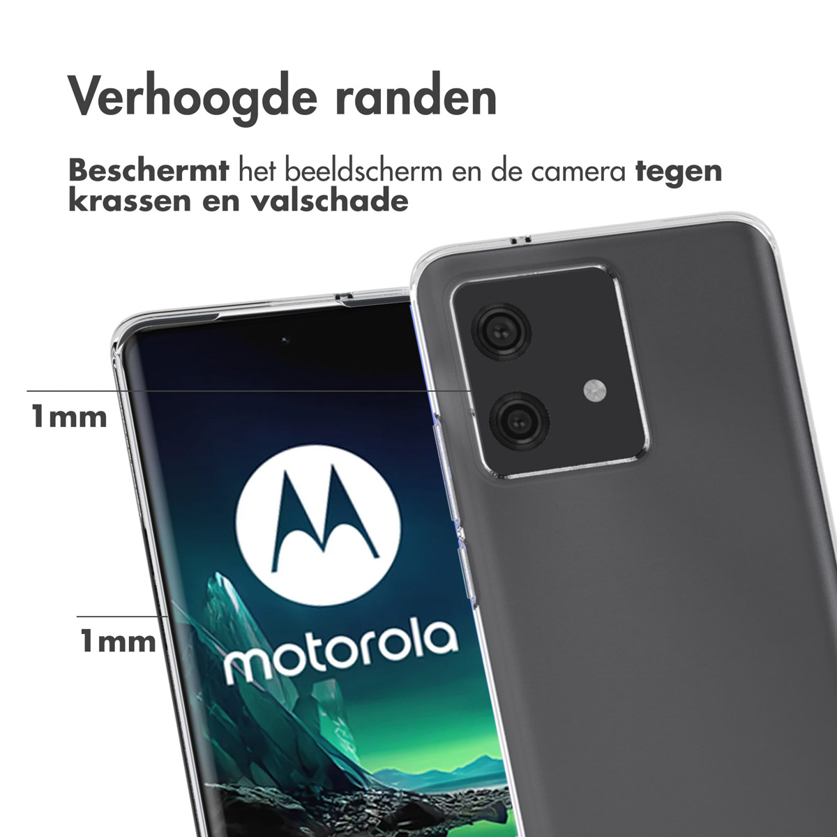 Coque transparente avec téléphone à l'intérieur. Logo Motorola visible. Texte décrit les bords surélevés.