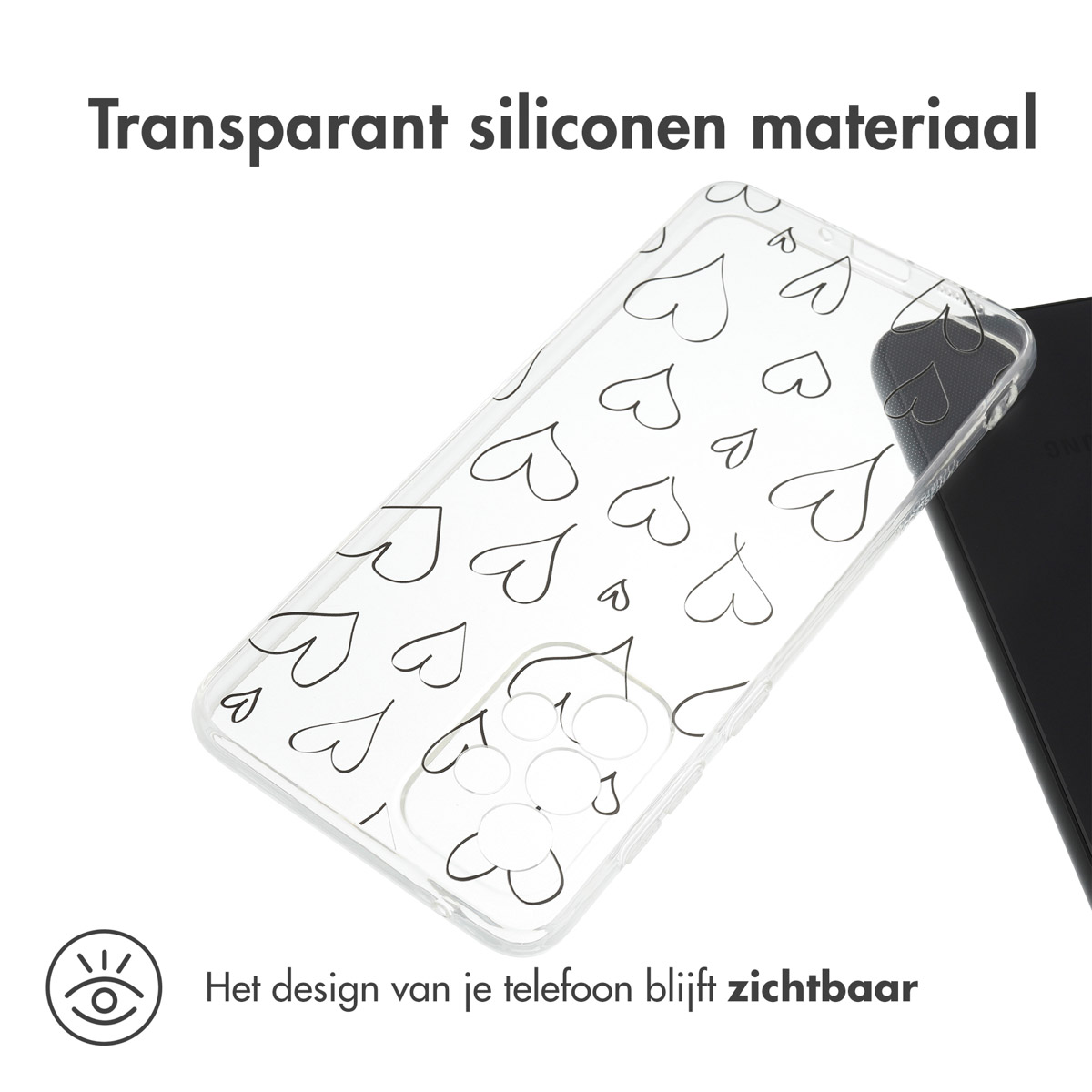 Coque de téléphone transparente avec des cœurs. Le téléphone est visible à travers la coque. Téléphone noir.