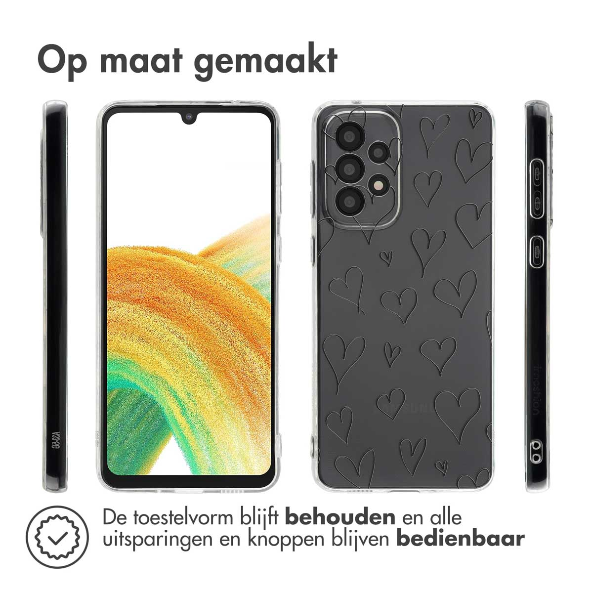 Coques transparentes avec des cœurs sur le téléphone. Téléphone à l'intérieur.
