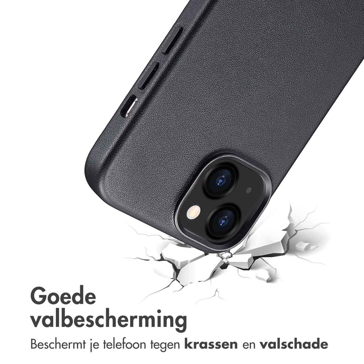 Zwarte telefoonhoes met een gebarsten grond en telefoon. Tekst: Goede valbescherming.