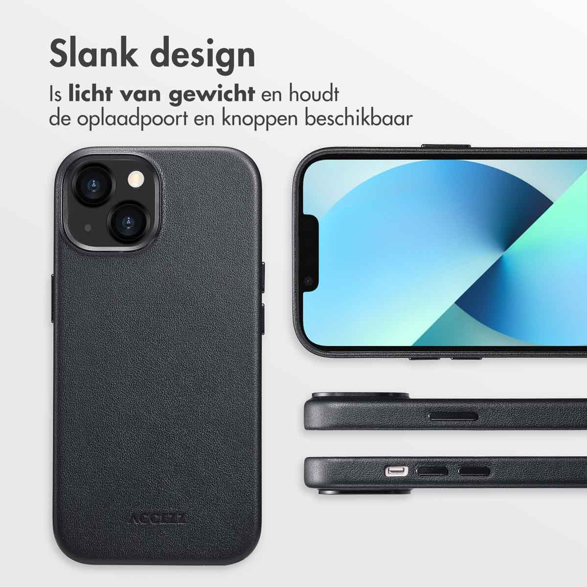 Zwarte telefoonhoes, toont een telefoon rechts. Tekst over ontwerp aan de linkerkant.