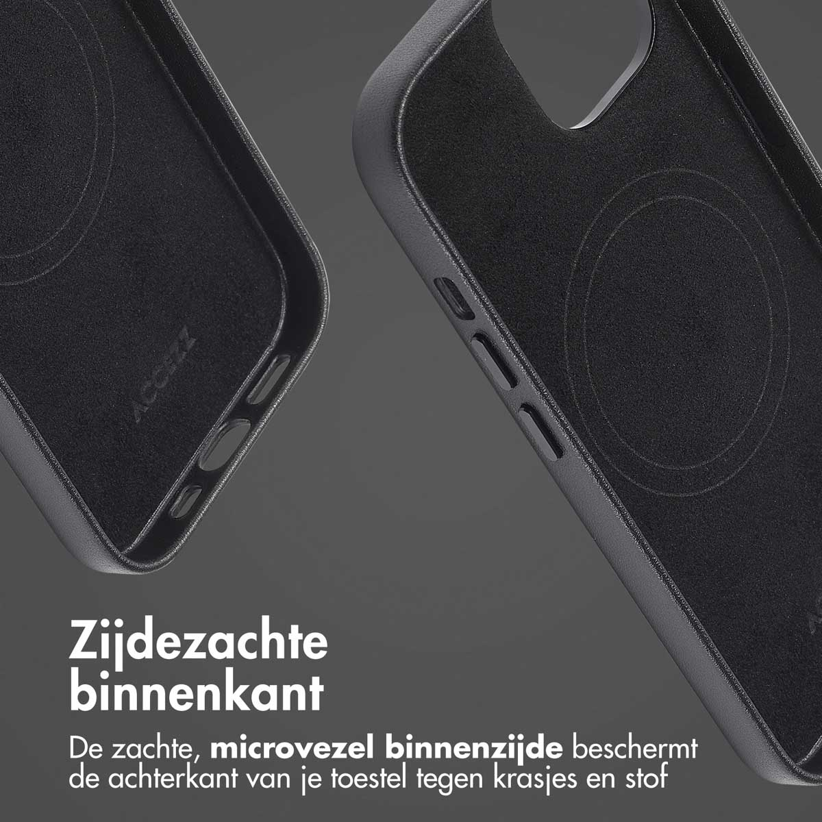 Twee zwarte telefoonhoesjes. Telefoon ligt op de grond, scheuren eromheen.