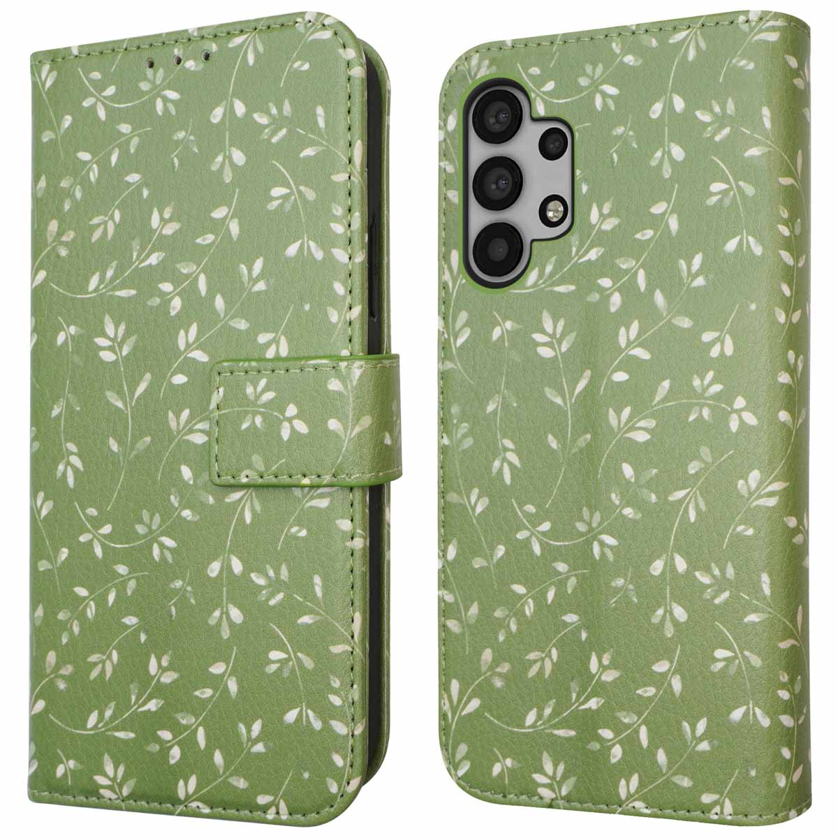 Custodia verde per telefono, aperta e chiusa. Motivo a foglie visibile su entrambi i lati con chiusura.