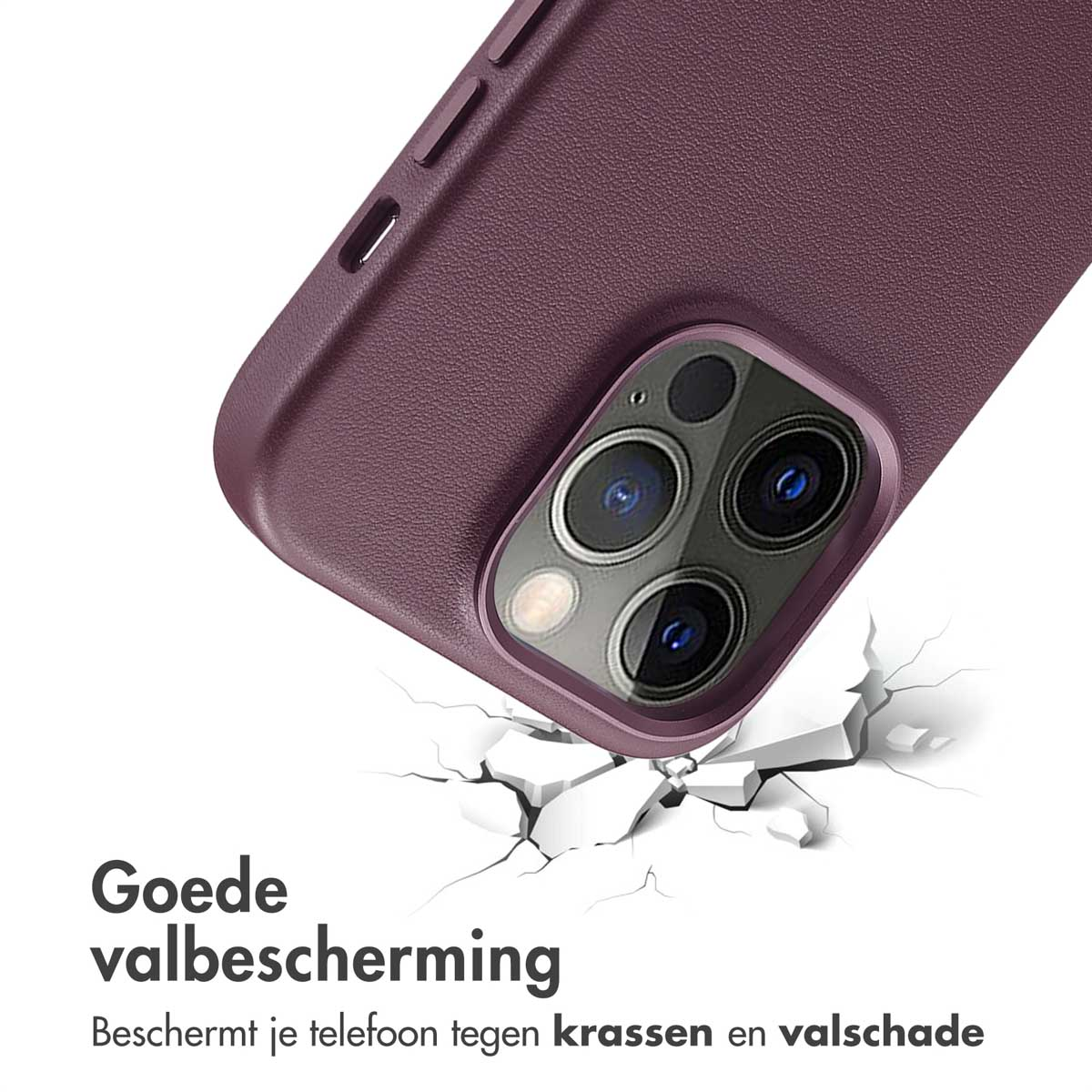Coque de téléphone violet foncé. Le téléphone est au sol, des fissures l'entourent.