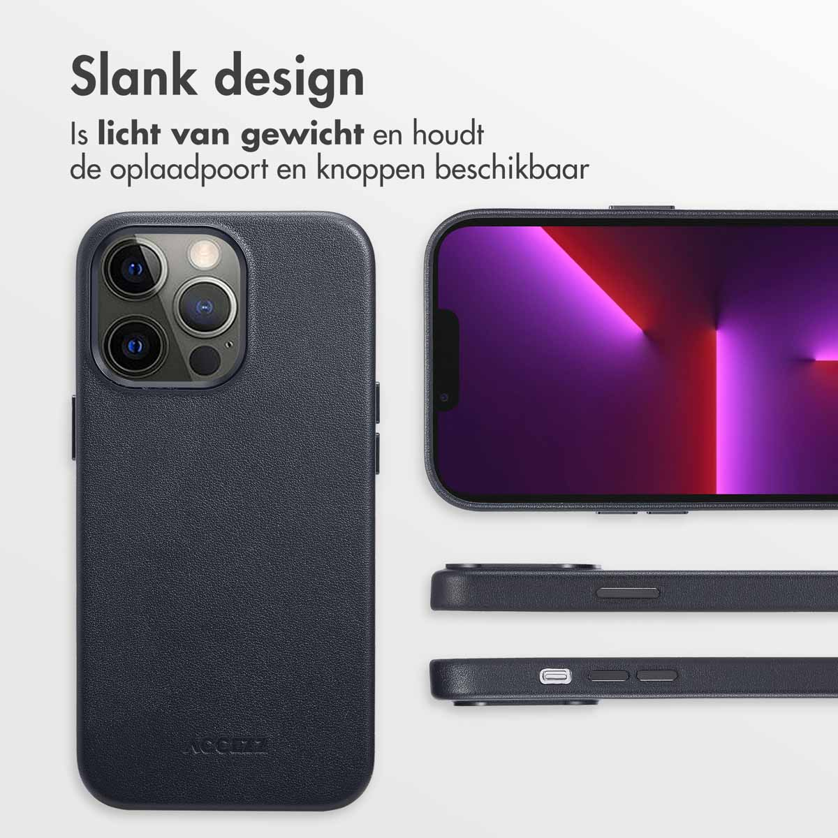 Coque de téléphone bleu marine avec trois caméras et écran noir.