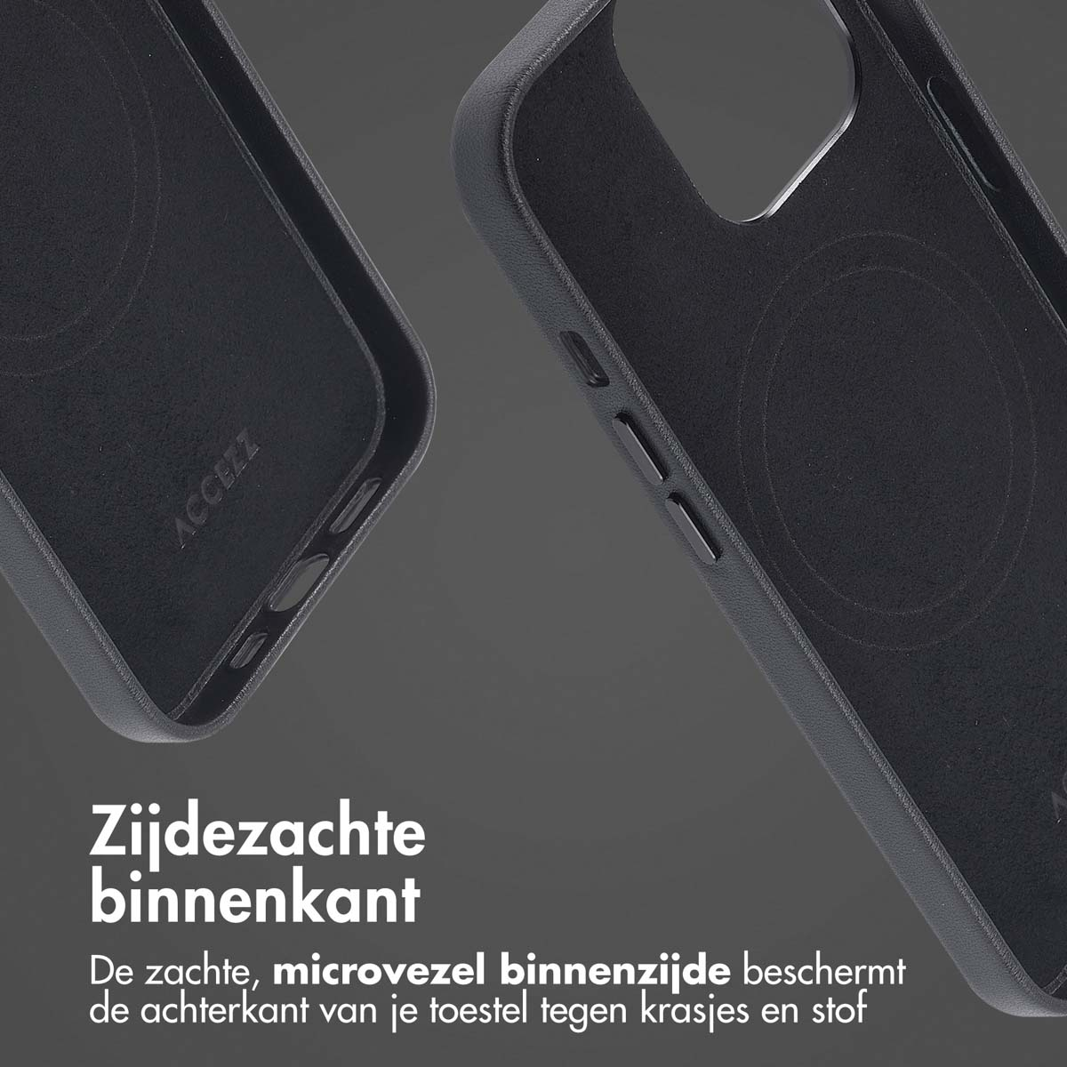 Gros plan sur coque noire. Intérieur avec doublure douce en microfibre. Protège l'arrière.
