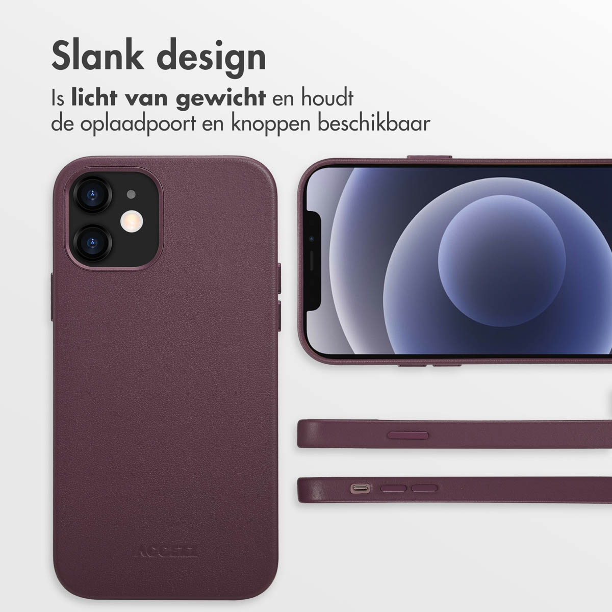 Lila Handyhülle, Telefon innen, mit drei Ansichten. Text: Schlankes Design, leicht.
