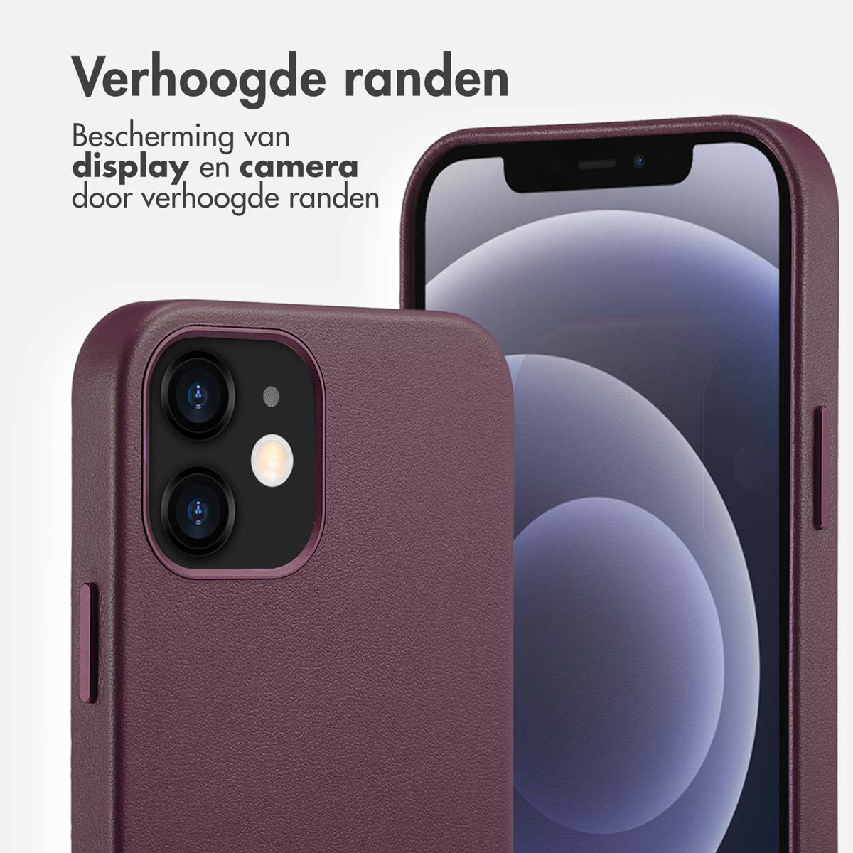 Ein Telefon in einer dunkelvioletten Hülle. Text: Erhöhte Kanten für Display- und Kameraschutz.