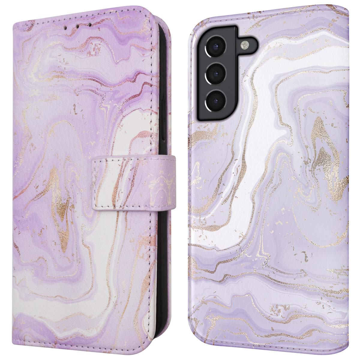 Paarse telefoonportemonnee, open, met een telefoon erin. Voorzien van paars marmerdesign.