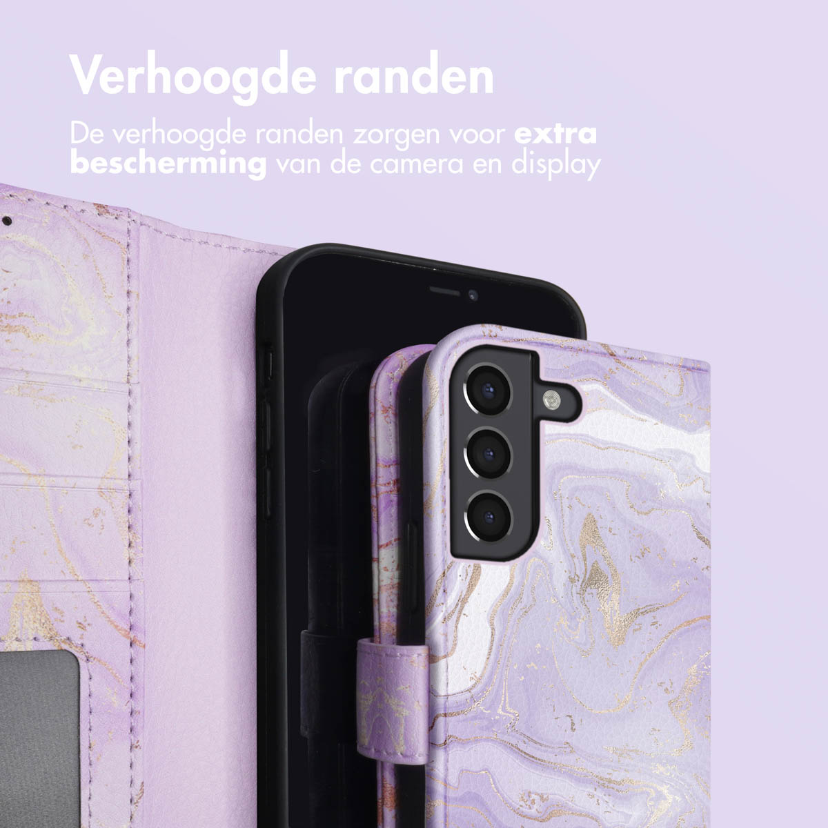 Téléphone dans un portefeuille floral avec un bord surélevé. Texte : 'Bords surélevés'.