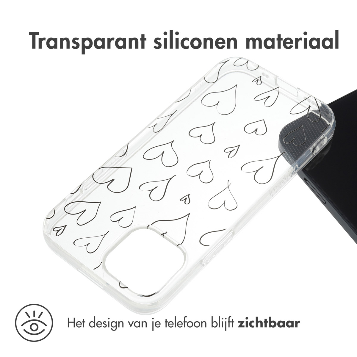 Transparante telefoonhoes met hartjespatroon.