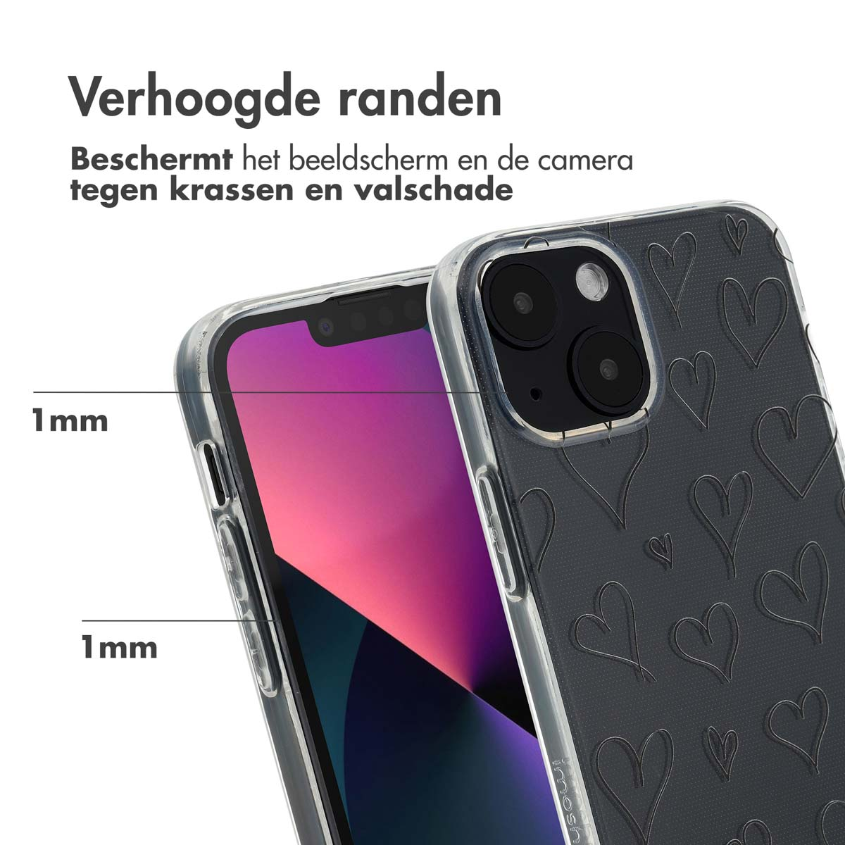 Transparante telefoonhoes met hartjes op een zwarte telefoon met roze scherm.