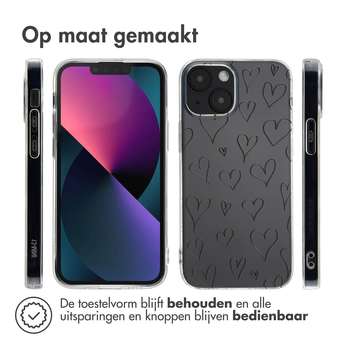 Telefoonhoesje met hartenontwerp en telefoon. De hoes is grijs met hartjespatroon.