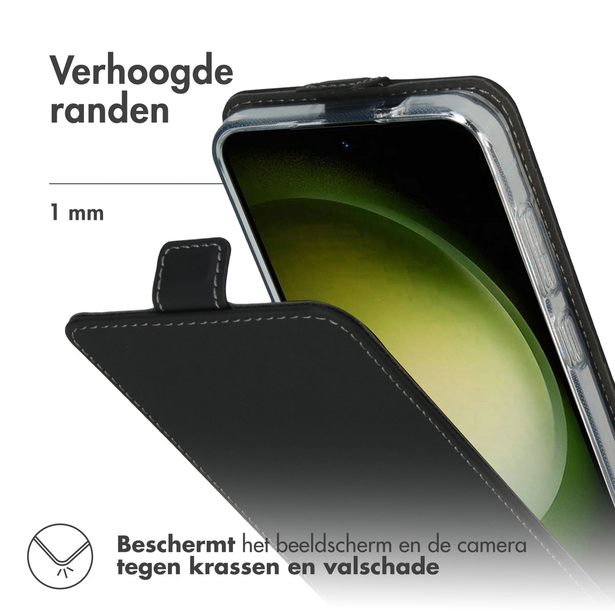 Zwarte telefoonhoes met verhoogde randen. Tekst: 'Verhoogde randen' en '1 mm'.
