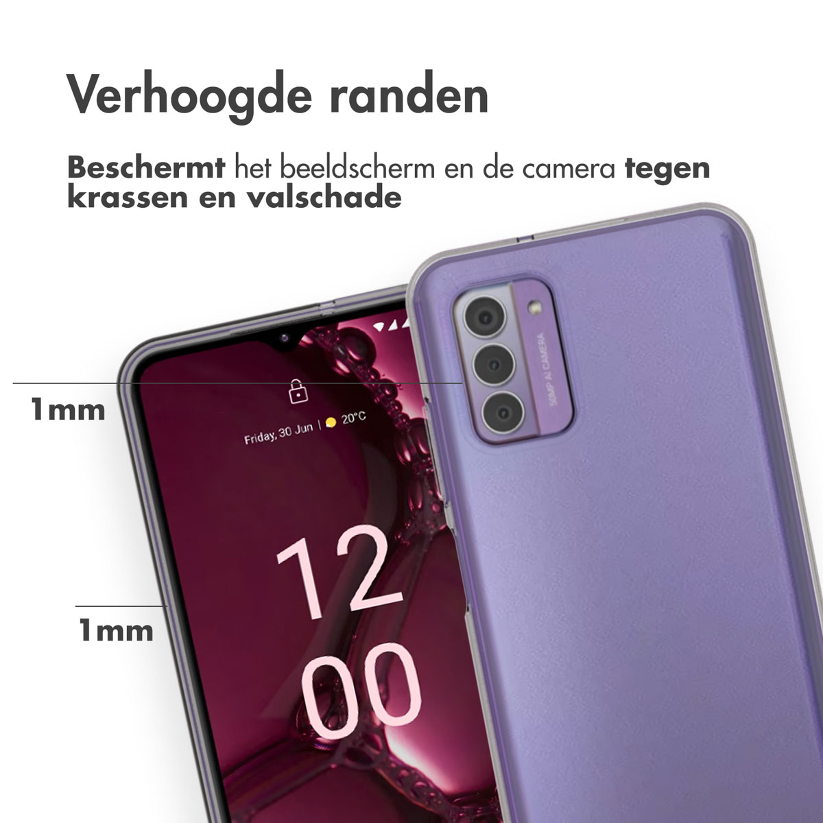 Téléphone et coque violets, gros plan sur l'écran. Bords surélevés de 1 mm. Date : vendredi 30 juin, 20°C, 12h00.