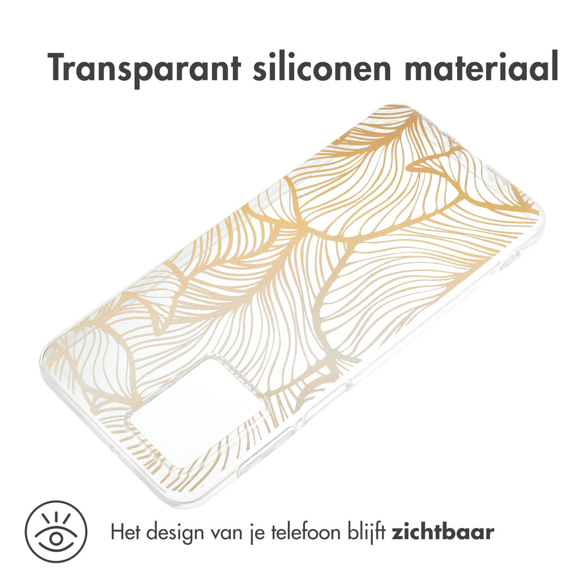 Transparante telefoonhoes. Goudkleurig bladpatroon zichtbaar. Tekst vermeldt dat het telefoondesign zichtbaar is.