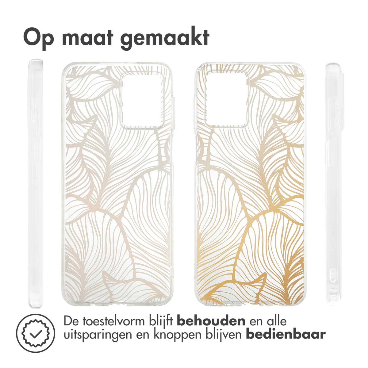 Telefoonhoesjes met een crème bladontwerp. Tekst: De vorm van het apparaat blijft behouden en alle uitsparingen blijven bruikbaar.