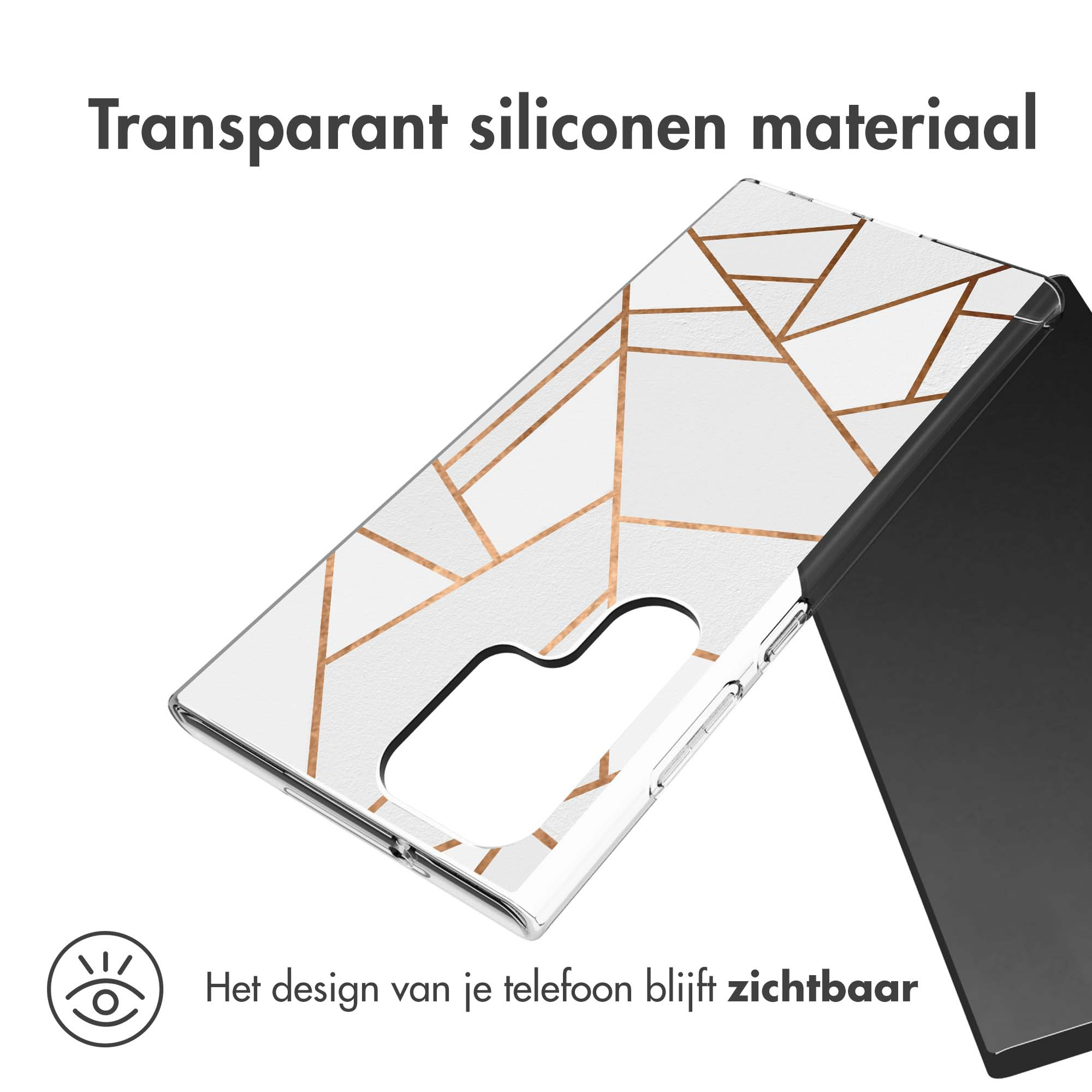 Custodia trasparente con design geometrico oro su bianco. Un telefono è visibile.