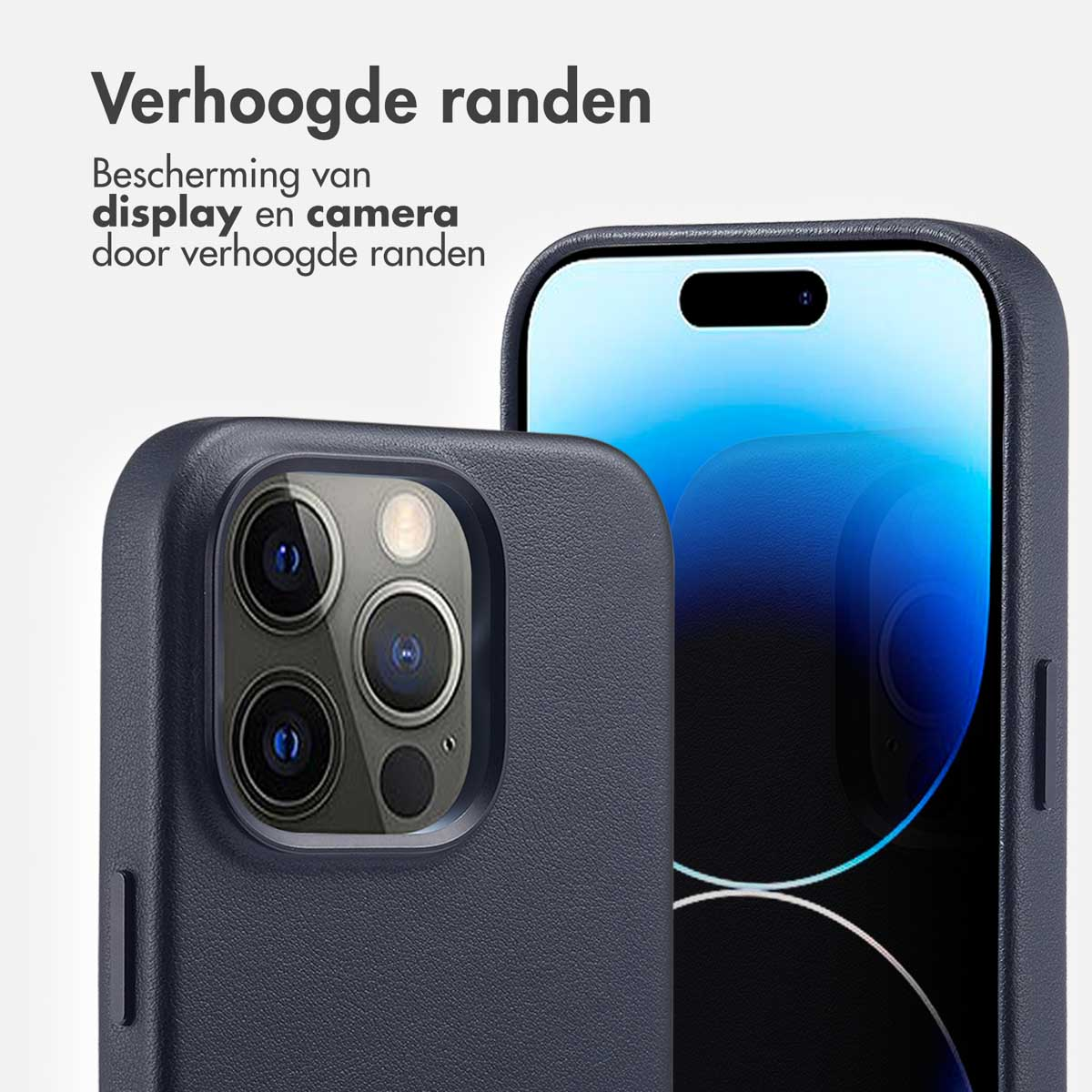 Gros plan d'une coque et d'un téléphone. La coque est bleu marine et protège la caméra.