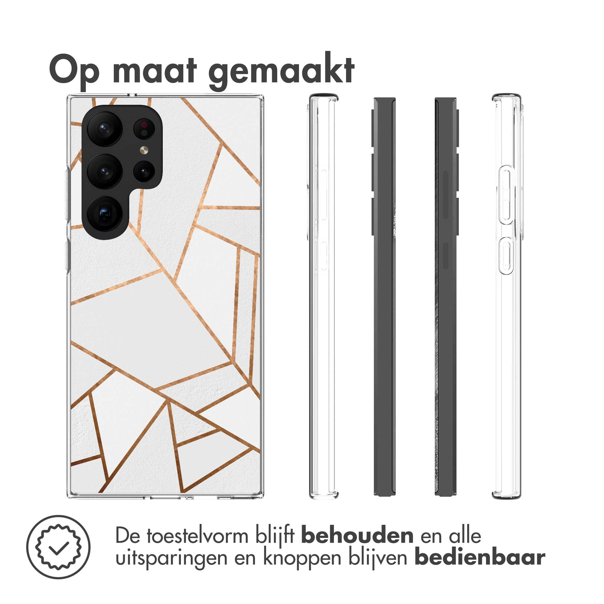 Custodia per telefono bianca con design geometrico dorato, diverse custodie. Testo: Fatto su misura.