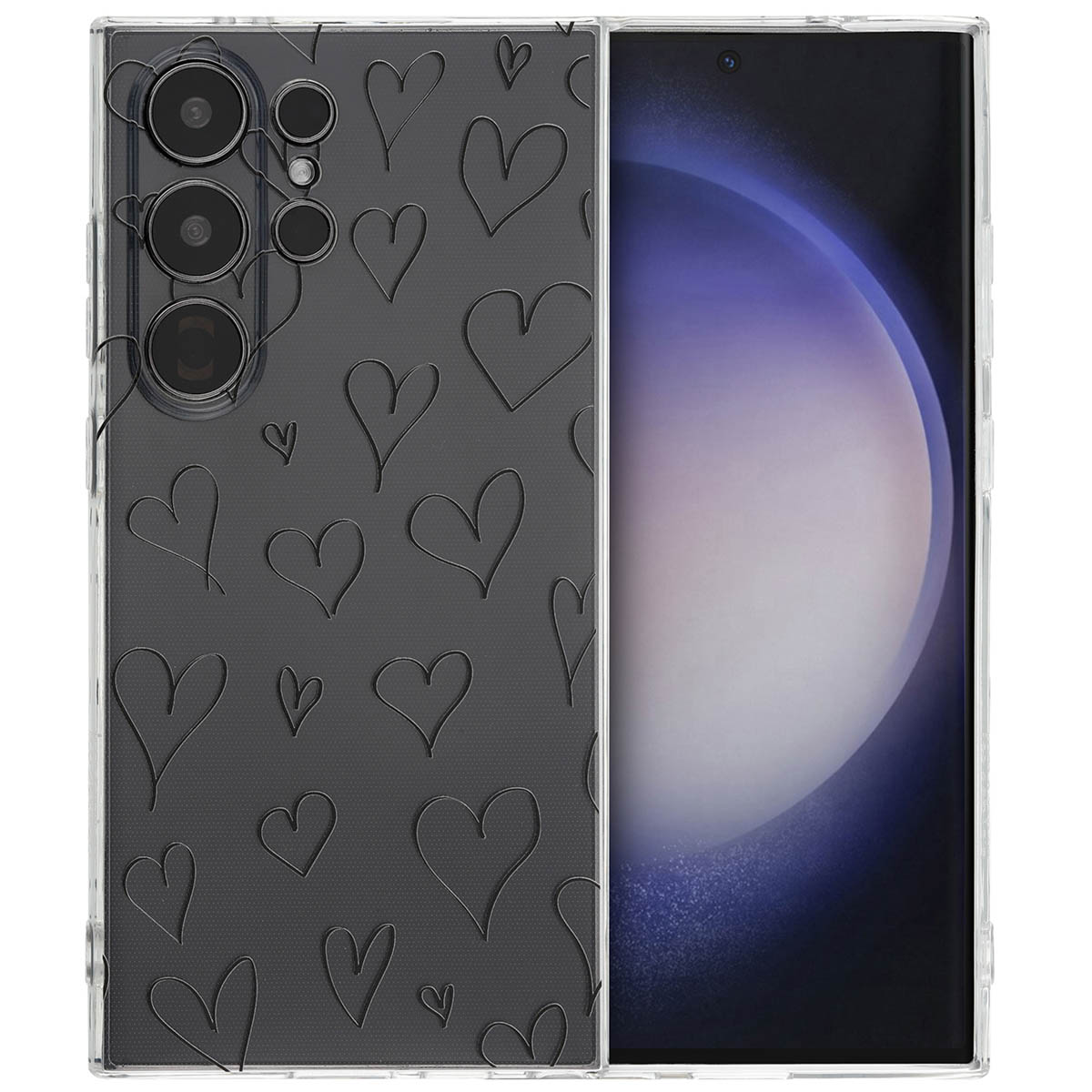 Een doorzichtige telefoonhoes met een zwart hartjespatroon. De hoes zit op een telefoon met meerdere camera's.