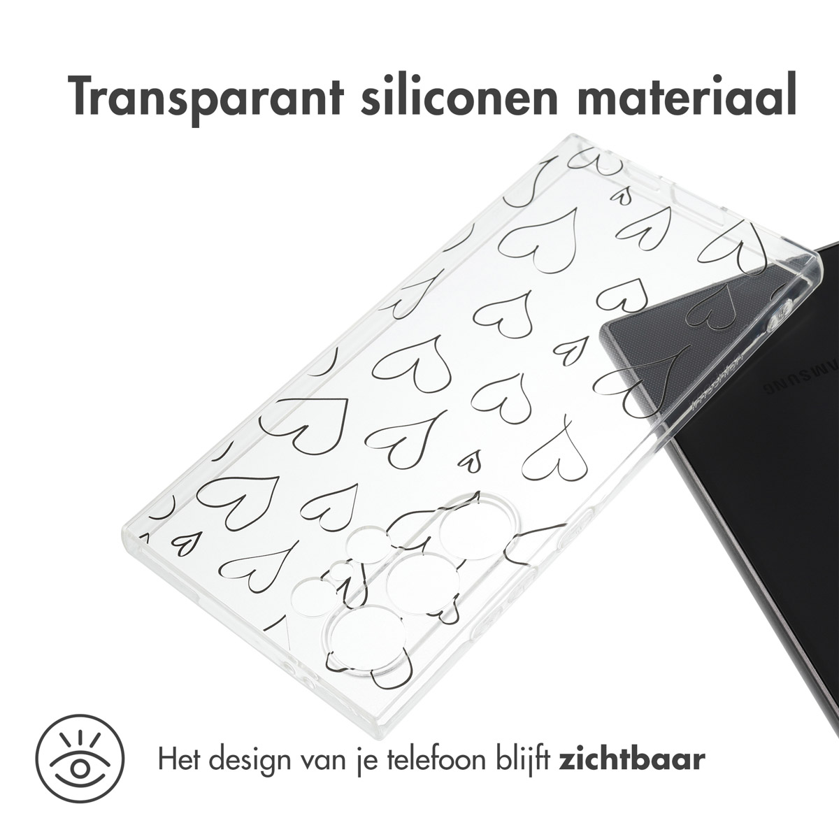 Transparante telefoonhoes met hartjespatroon.