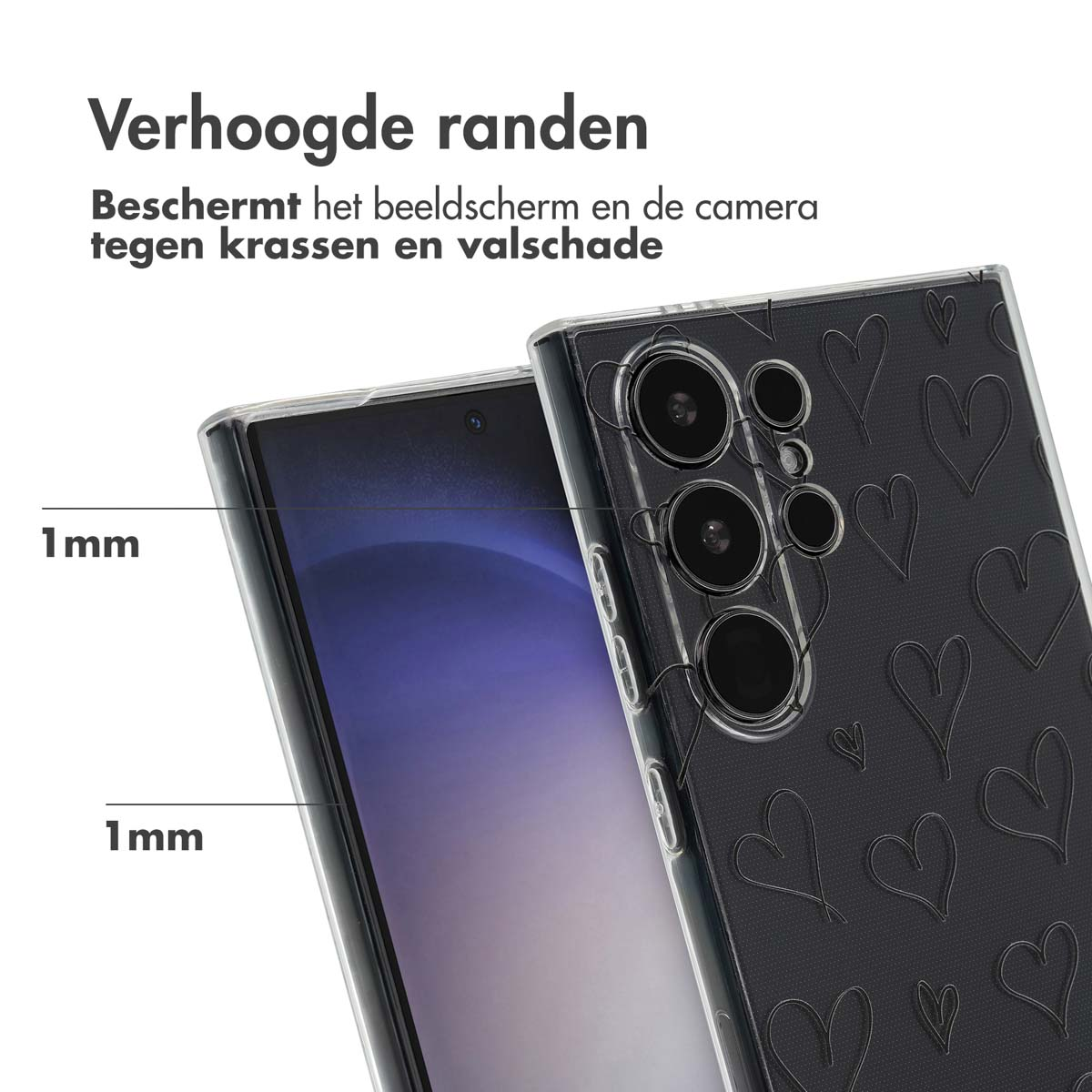 Zwarte telefoonhoes met hartpatroon en opstaande randen. Het scherm van de telefoon is zichtbaar.