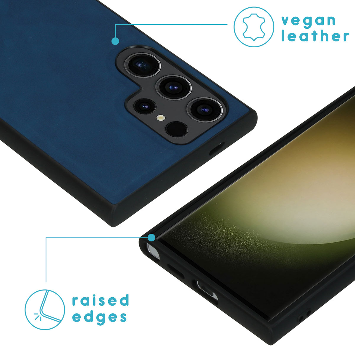 Close-up van twee telefoonhoesjes. Tekst zegt 'veganistisch leer' en 'verhoogde randen'.