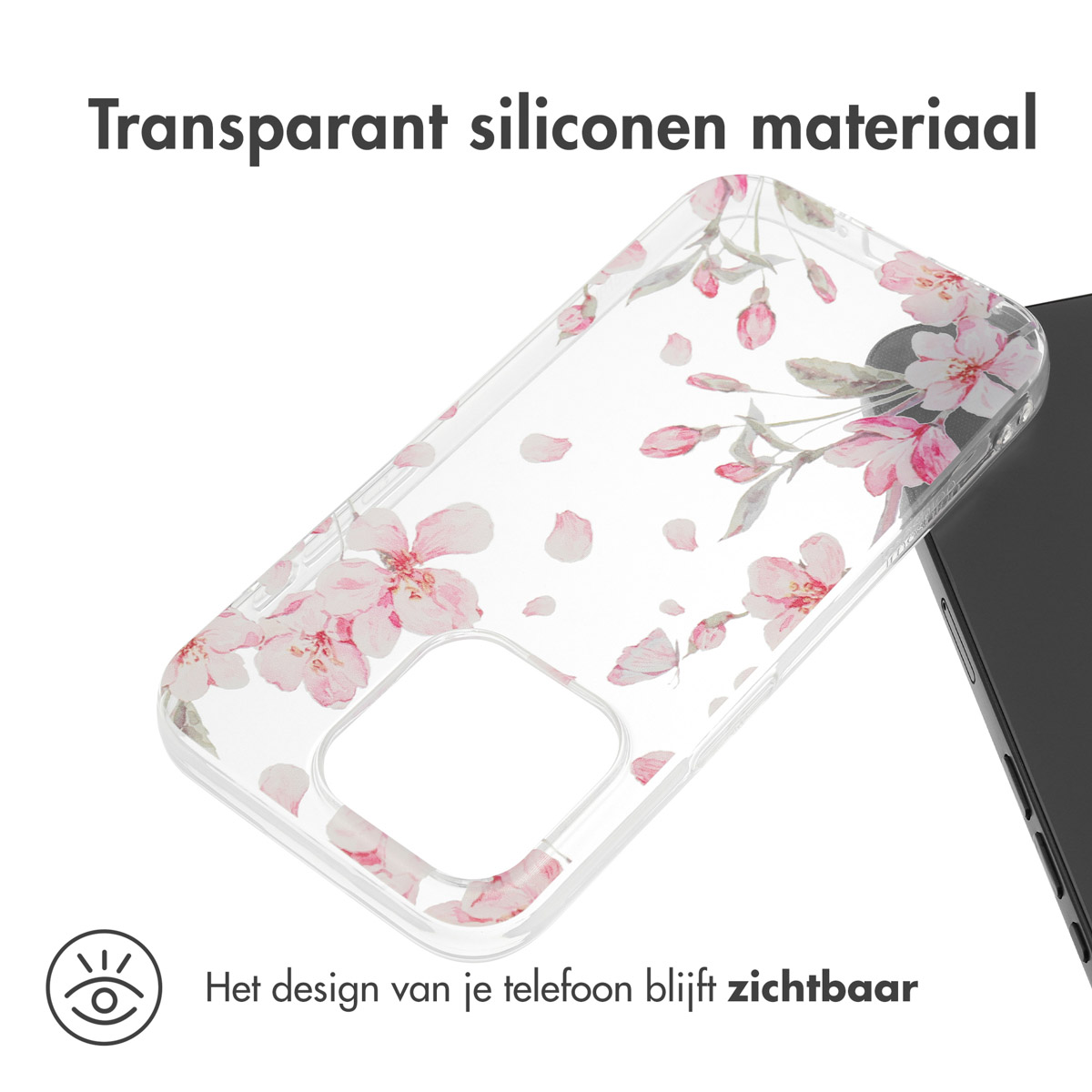 Transparante telefoonhoes met roze bloemen. Telefoon zichtbaar. Zwarte achtergrond.