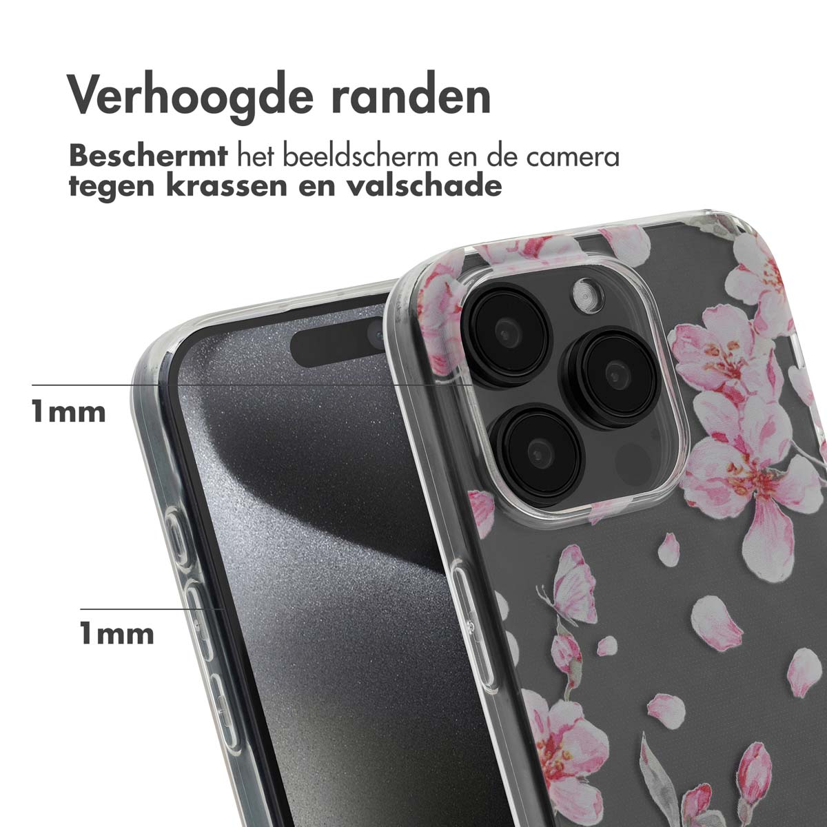 Telefoonhoes met een bloemenontwerp. De hoes heeft verhoogde randen om het scherm en de camera te beschermen tegen krassen.