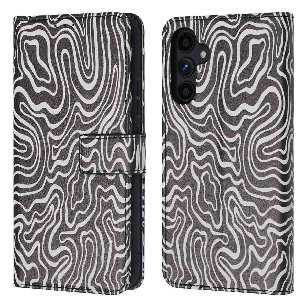 Étui de téléphone ouvert avec motif zébré. Téléphone avec caméra visible. Motif noir et blanc.