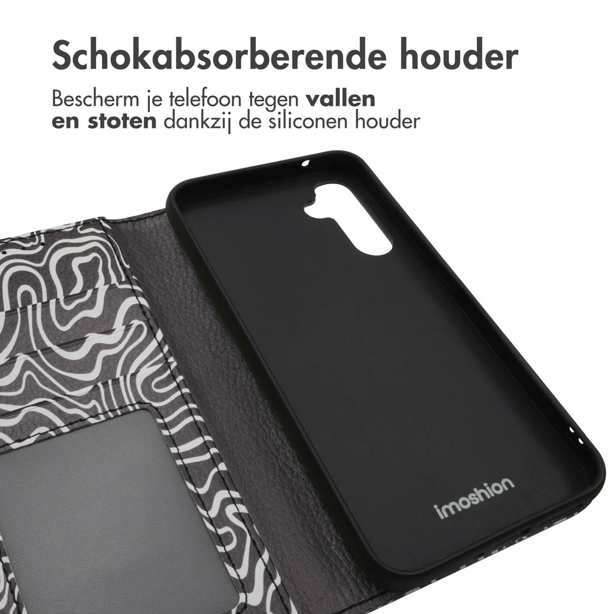 Étui de téléphone ouvert. Support de téléphone noir. Étui de téléphone avec motif zébré. Noir et blanc.