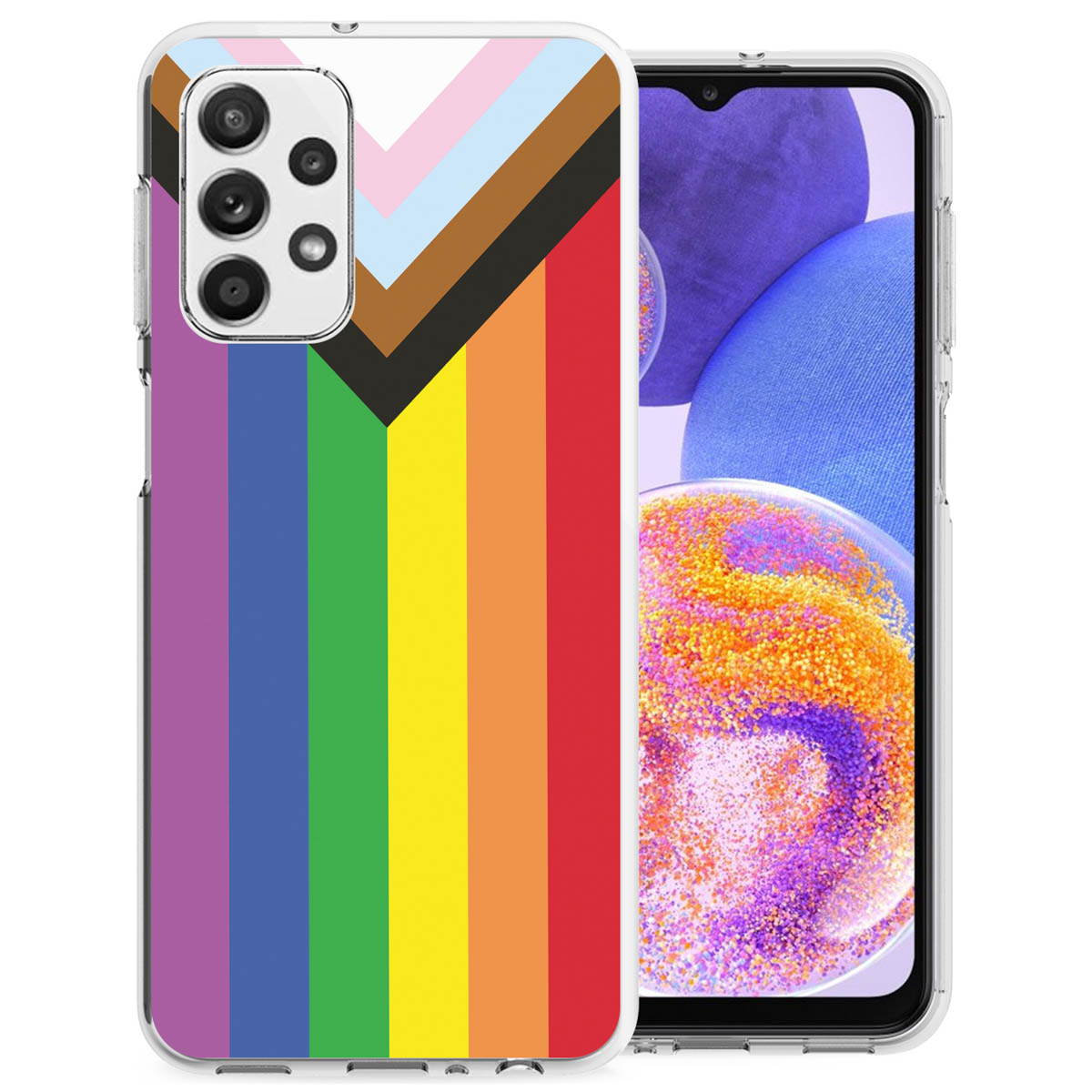Coque de téléphone avec un design de drapeau arc-en-ciel. Le téléphone est dans l'étui transparent.
