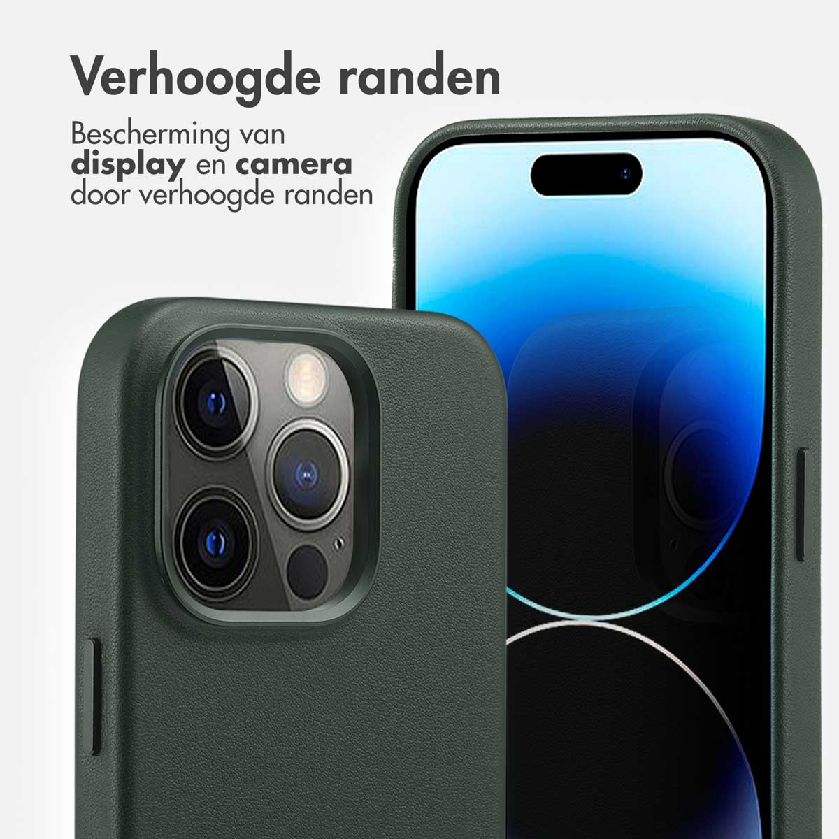 Coque de téléphone verte avec bords surélevés. Caméra visible. Texte : 'Verhoogde randen'.