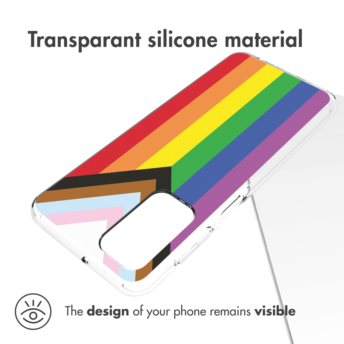 Coque transparente avec motif arc-en-ciel. Téléphone à l'intérieur. Texte: Le design du téléphone reste visible.