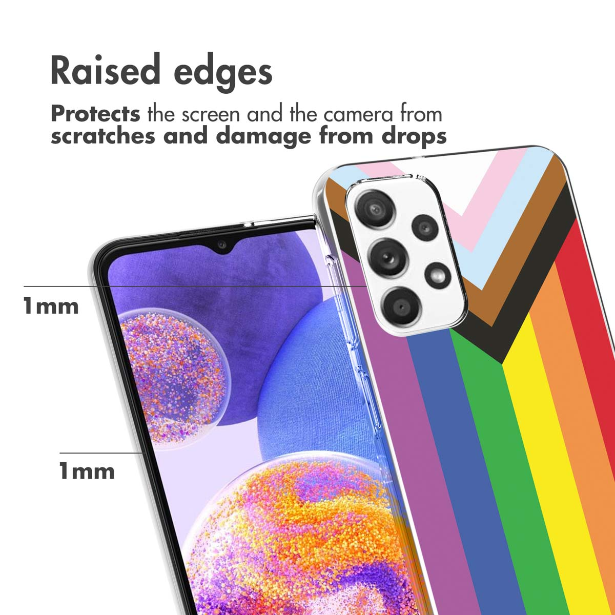 Coque avec bords surélevés, design arc-en-ciel. Protège l'écran et l'appareil photo des rayures et dommages.
