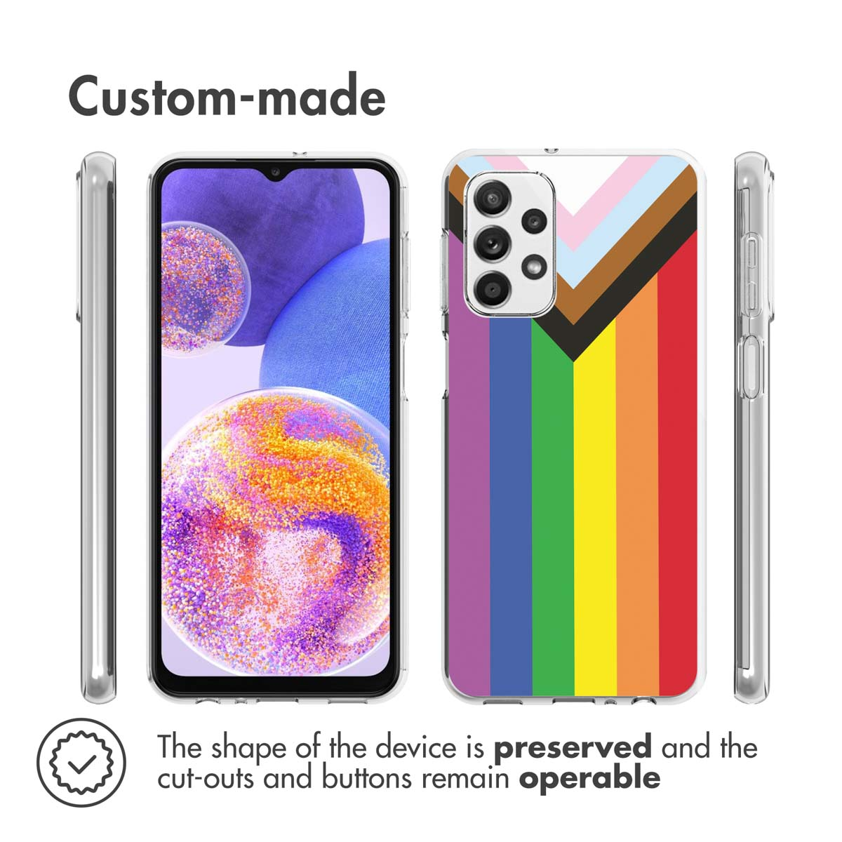 Téléphone dans une coque. La coque a un motif de drapeau arc-en-ciel. Le téléphone est visible.