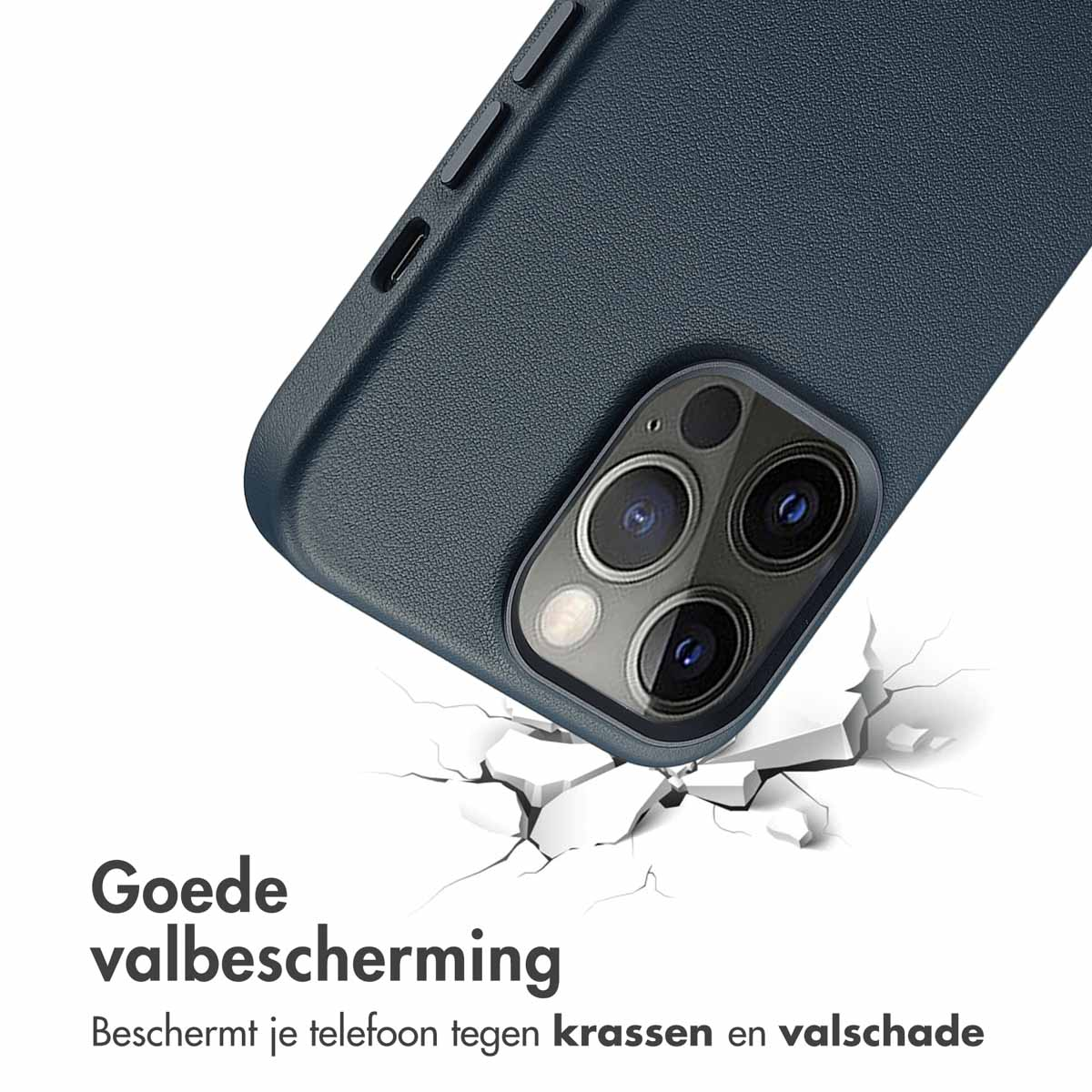 Un étui de téléphone bleu tombe, frappe le sol et le brise. Texte : bonne protection contre les chutes.